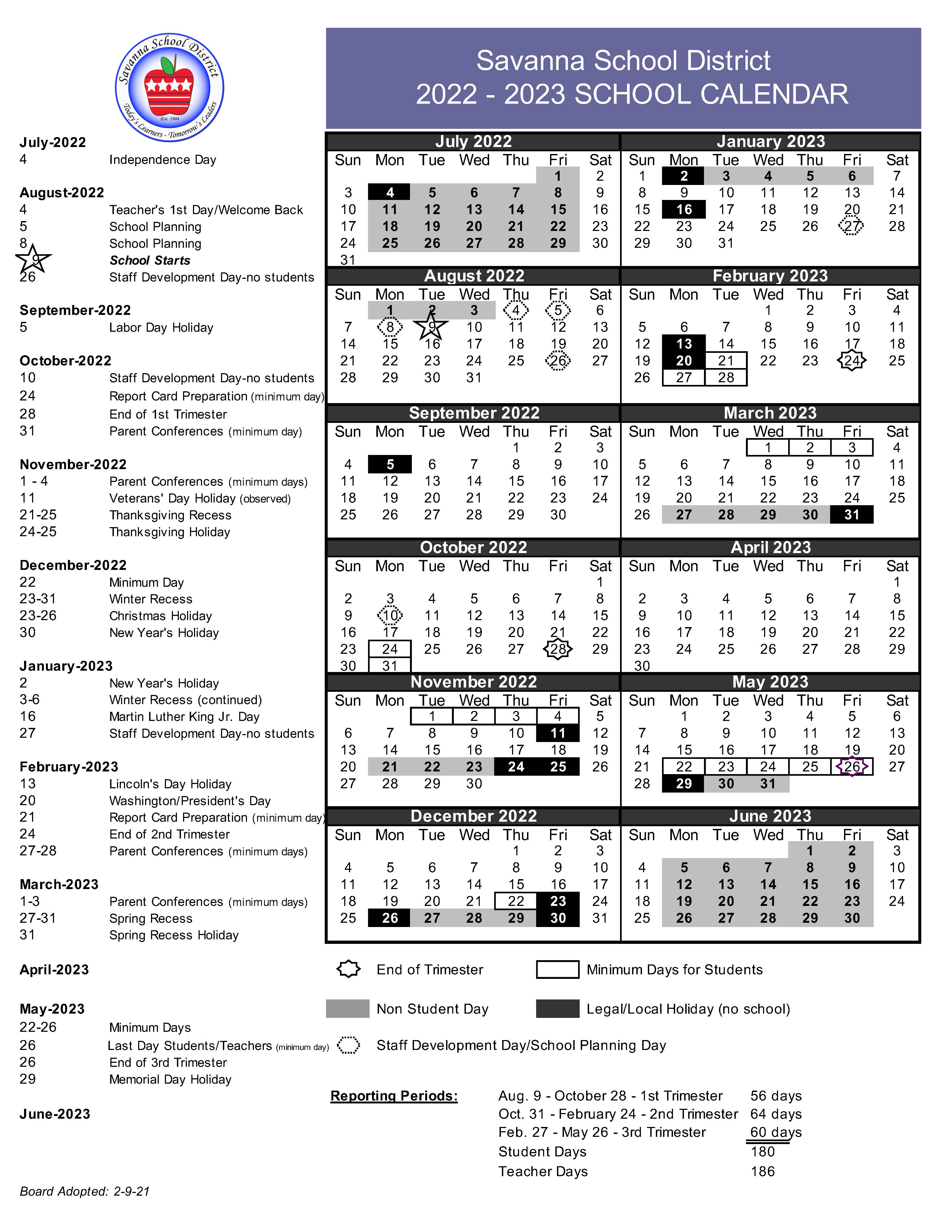 Savanna School District Academic Calendar Savanna School District Academic Calendar